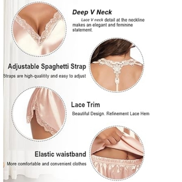 Nightwear Satin Pajamas Set Sleepwear Womens Sexy Lingerie Champagne - Picture 8 of 9